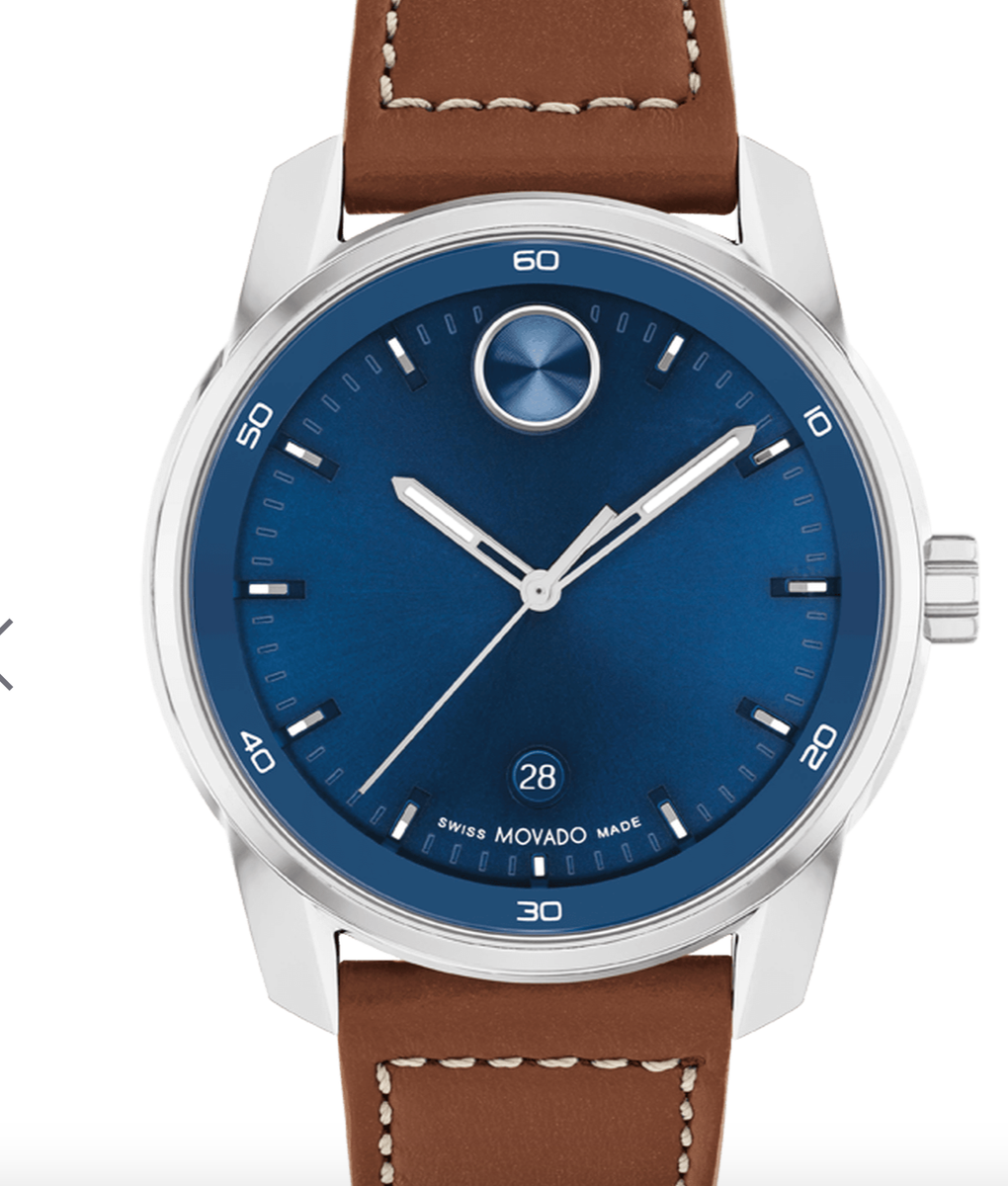 Movado Bold Verso 3600944 Blue Dial Brown Leather Swiss Watch 42mm