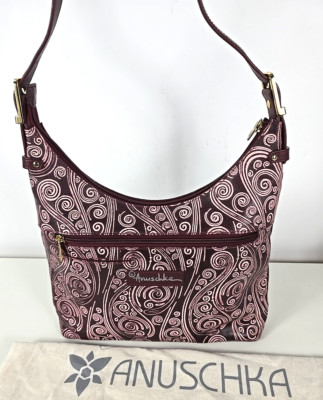 Anuschka Hand Painted Tooled Leather Waves Hobo Shoulder Handbag Wine Pink