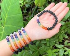 7 Chakra Lava Rock Bead Bracelet: 8 mm Round Crystals Chakra Stretch Bracelet 