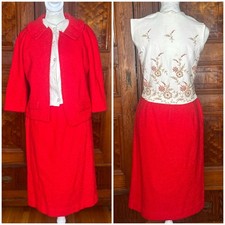 VTG 60s Red Wool Boucl 3 Piece Skirt Suit Jacket Top Floral Embroidered S