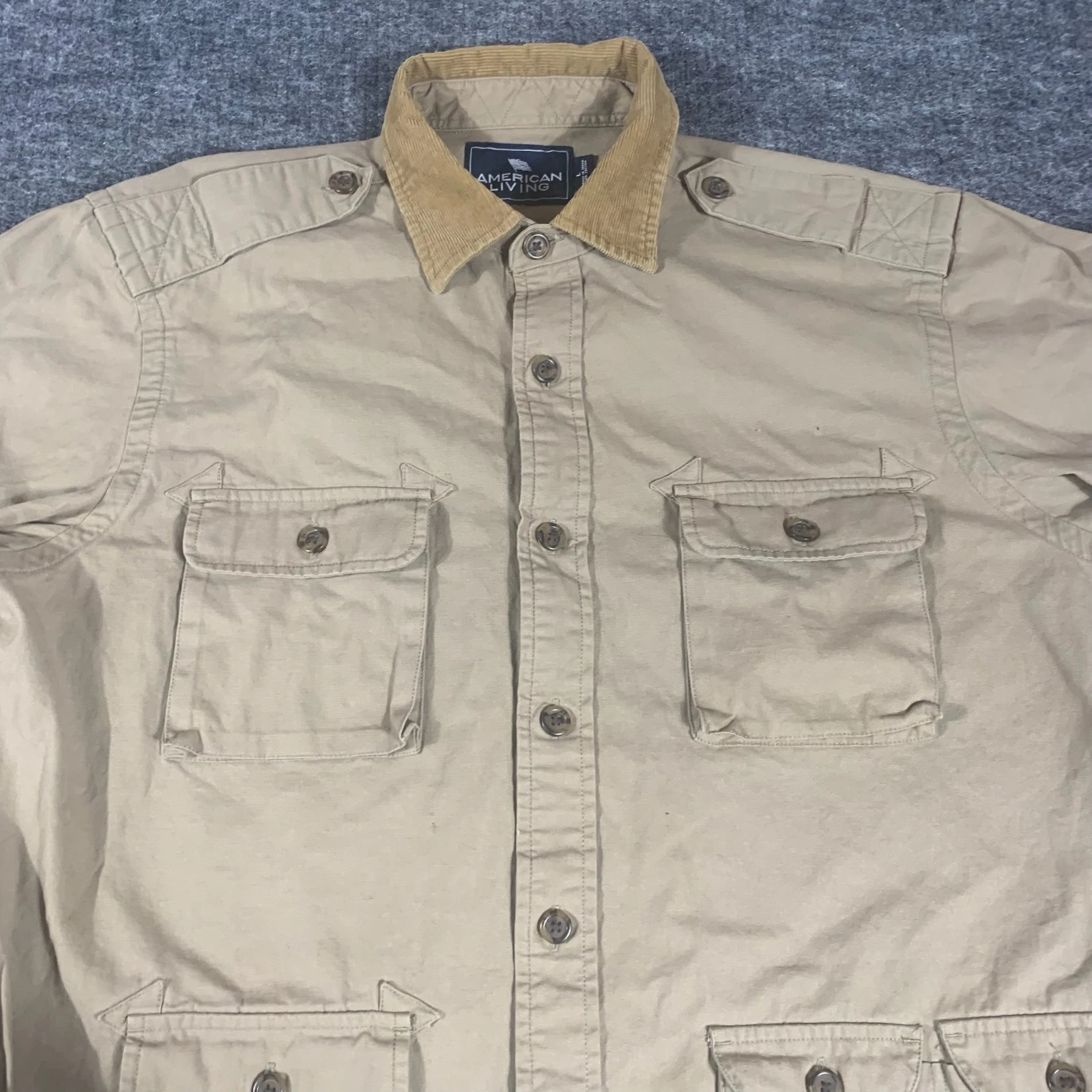 American Living Shirt Mens Large Beige Button Up Safari Utility Corduroy Collar
