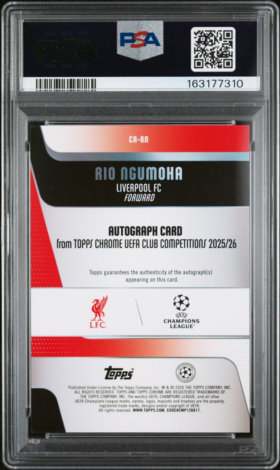 2025-2026 TOPPS CHROME UCC CHROME AUTO RIO NGUMOHA RC 48/99 PSA 9 DNA AUTO 10 view 2