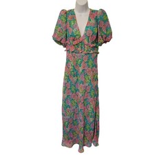 ASTR The Label M Maxi Dress Green Pink Floral Puff Sleeve ESPERANZA V Neck Fairy