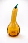 Blenko Vintage Glass Yellow Amber Squash Gourd 11.25" Optic Green Stem
