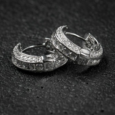 Herren Elegante Voll Eis Cz Kleine Sterling Silber Bling Hoop Huggie Ohrringe