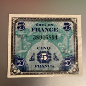 WW2 French 5 Franc 1944 (Allied Occupation Currency) France Banknote WWII Note