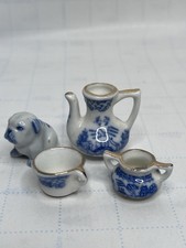 Miniature China Set Blue And White Tea Cup, Tea Pot With Lid, Sugar Bowl And Dog