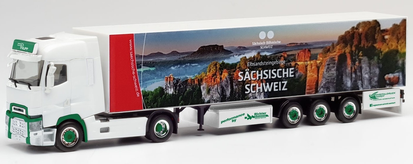 Camion Renault T 4x2 Herpa avec remorque 3 essieux Sächsische Schweiz échelle 1/87