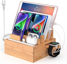 Bamboo Charging Station for Multiple Devices with 5-Port HUB