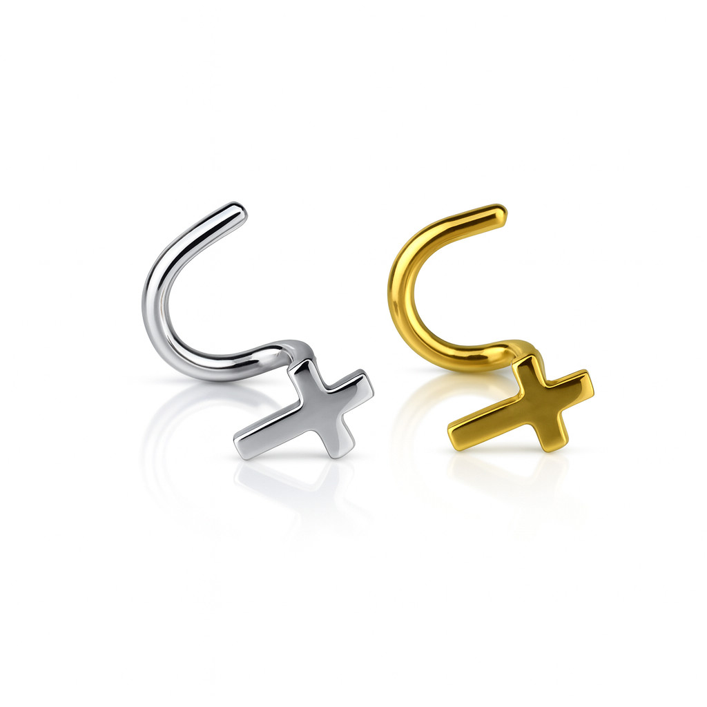 14k yellow and white cross nose piercing stud gold body jewelry