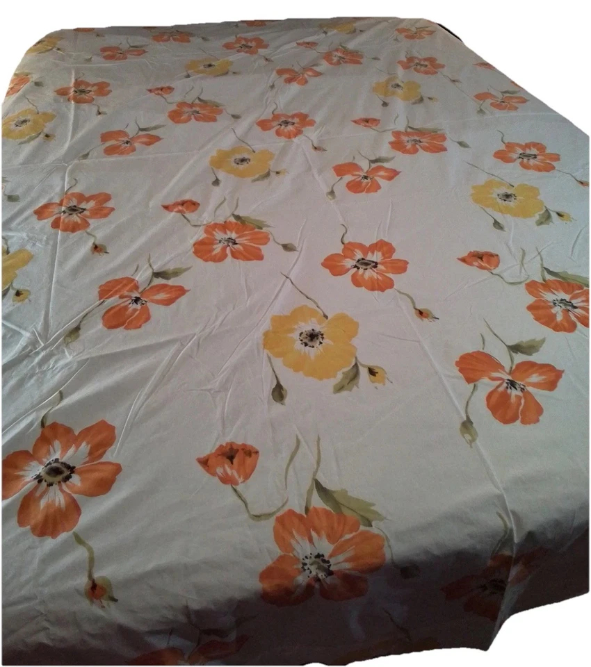 Sábana plana y ajustable Pottery Barn Queen crema amapolas estampado floral naranja amarillo Foto 2 de 4