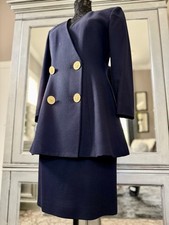Vintage Christian Dior Navy Wool Skirt Suit Blazer Gold Crest 80s 90s Power