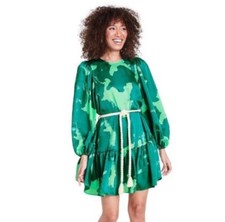 ALEXIS x Target Women’s Green Puff Sleeve Rope Belt Tiered Mini Dress XS Artsy