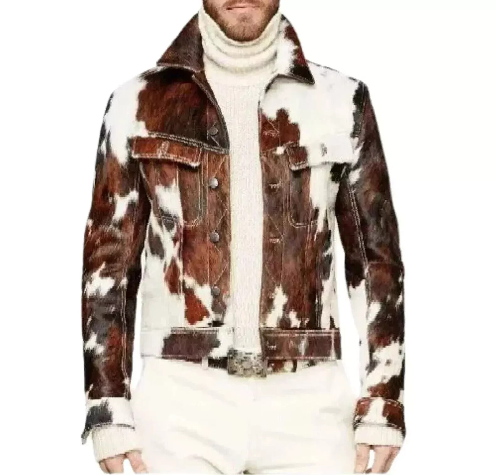 PONY Giacca uomo pelle di mucca capelli su pelle di cavallo elegante capospalla western vera pelle di mucca