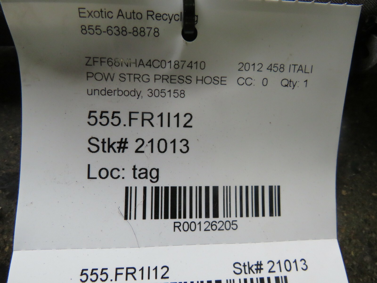 Ferrari 458 Italia, Spider, Under Body Power Steering Hose, Used, P/N 305158