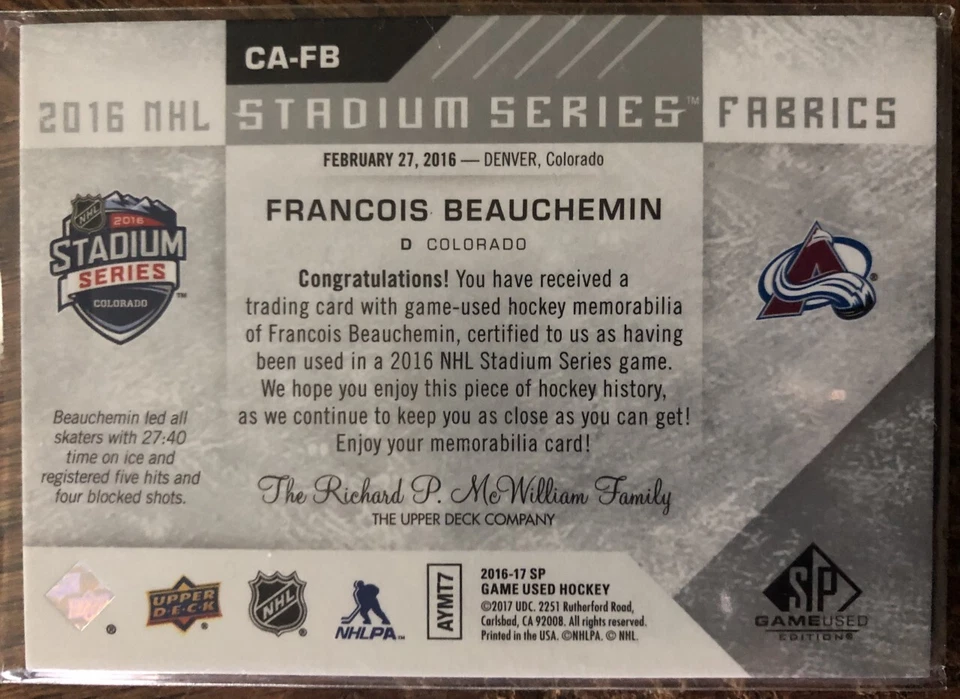 2016-17 SP GAME USED EDITION STADIUM SERIES FRANCOIS BEAUCHEMIN GAME USED CARD - Image 2 of 2