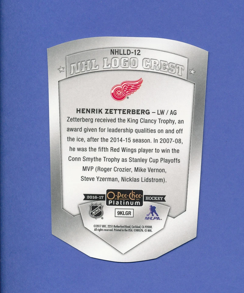 2016 OPC PLATINUM HOCKEY HENRIK ZETTERBERG NHL LOGO CREST die cut - Image 2 of 2