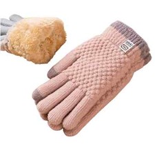 F S Women Winter Padded Thickened Screen Warm Wool Knitted Gloves Pink One Size