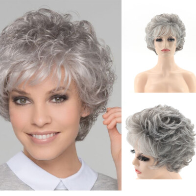 Short Gray Curly Pixie Cut Wigs with White Bangs for White Women Synthetic Wigs