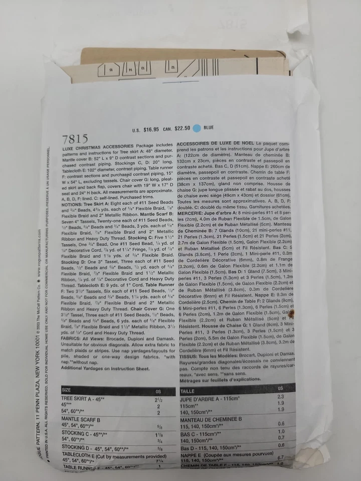 Vogue Craft 7815 Christmas Accessories Sewing Pattern - Image 2 of 2