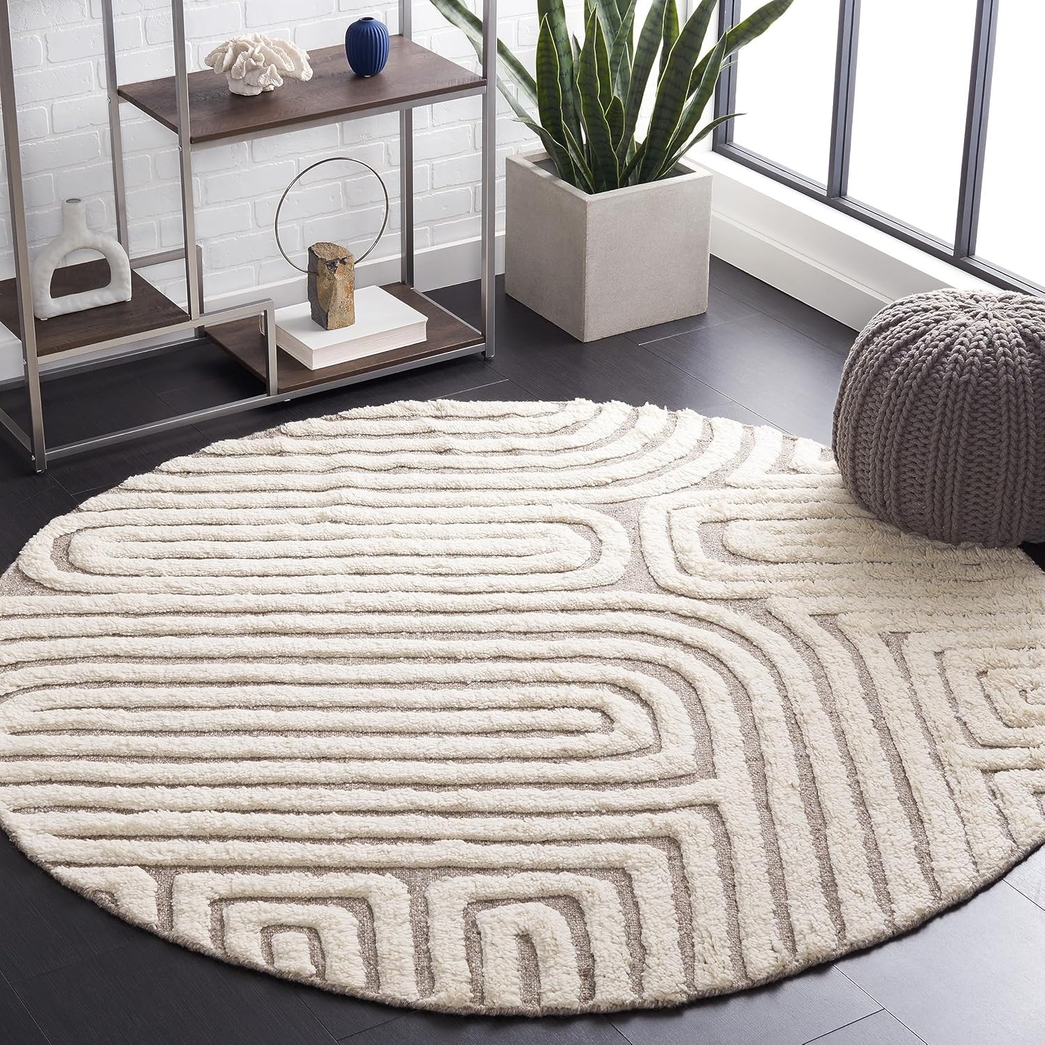 Area Rug - 4' Round, Beige & Ivory, Handmade Mid-Century Modern Textured Wool
