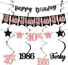 40Th Birthday Decorations for Women, Rose Gold Black Vintage 1986 Party Kit
