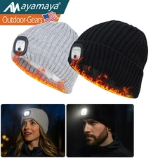 Unisex Warm Winter Knit Beanie Hat with LED Light USB Rechargeable Headlamp Cap