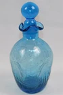 MCM Blenko Blue Crackle Glass Pinch Decanter Round Ground Stopper Vtg 8" Tall