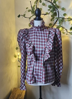 Vintage Diane Gilman for Cabal Ruffled Plaid shirt size medium puffy shoulder