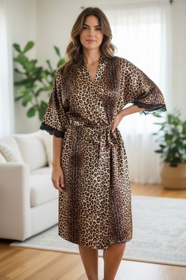 Enchanted Leopard Print Robe Women's  22/24  Ankle Length. Black Lace On Sleeves