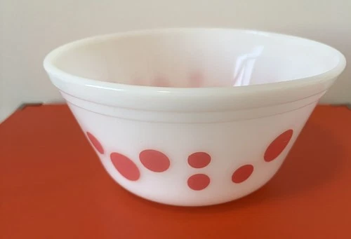 Vintage Federal Glass Oven Ware Pink Polka Dot Mixing Bowl