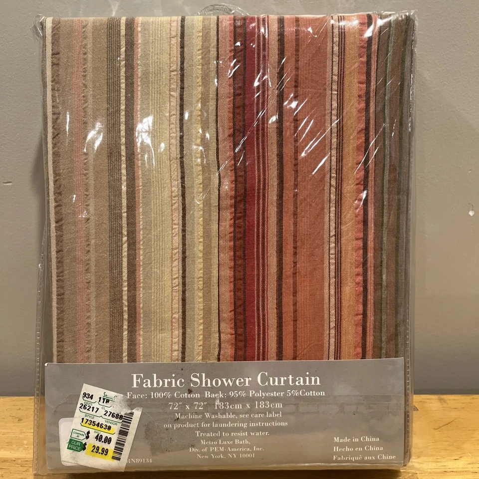 Cortina de chuveiro Metro Luxe listrada vermelha laranja dourada tecido 72 X 72" nova na caixa - Imagem 3 de 4