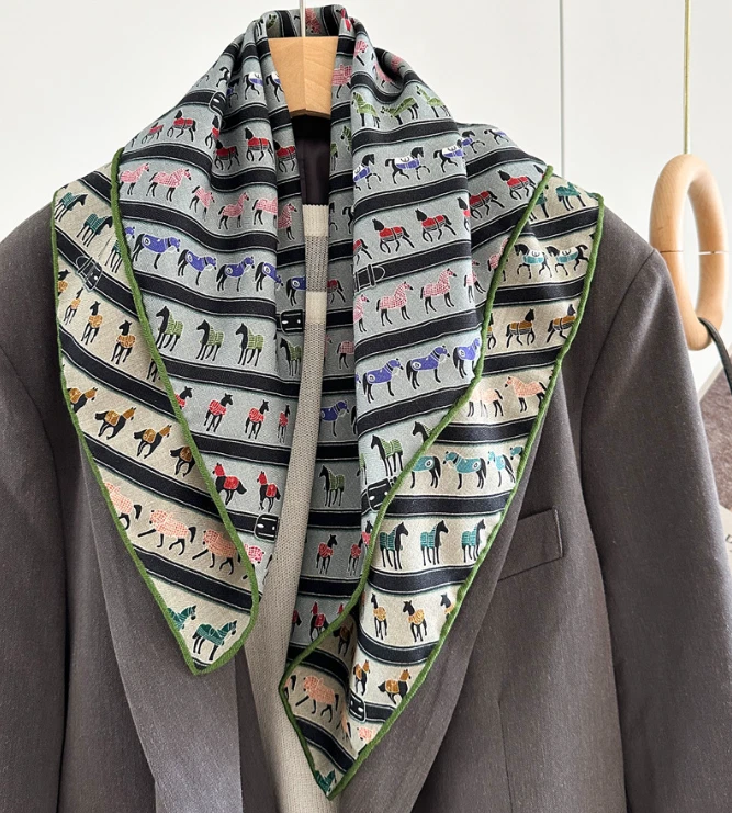 70% Cashmere 30% Silk Shawl pony Print Bandanna Scarf 26'' Neckerchief Wrap new