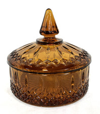 Vintage Amber Pressed Glass Covered Candy Dish Diamond Pattern 6  