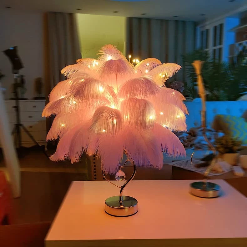 Lâmpada de cabeceira de penas, luz noturna moderna com controle remoto, decoração de cristal, ... - Imagem 4 de 4