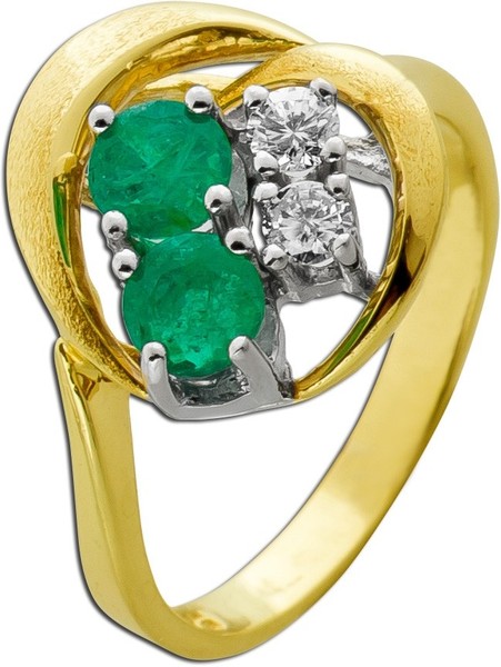 Smaragdring Gold 585 14K GrüNe Smaragde Brillanten 0.20Ct Antikschmuck-image