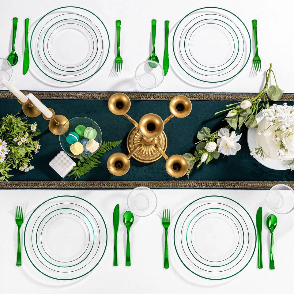 350 шт. зеленый пластиковый набор столовой посуды для 50 гостей тарелки чашки салфетки - Изображение 4 из 4