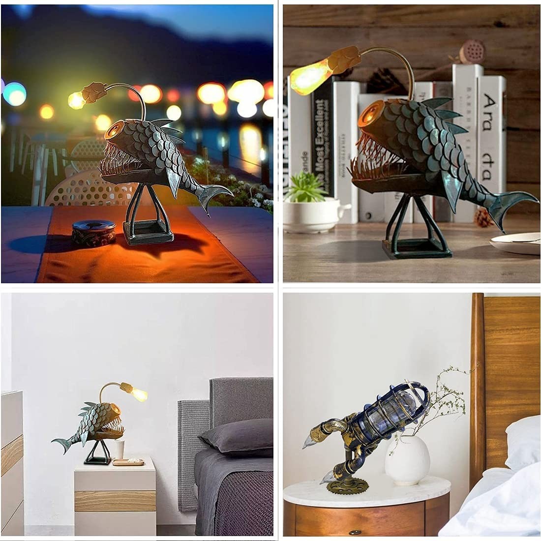 Rustic USB Angler Fish Lamp, Cafele Shark Lamp Steampunk Style Table Lamp, Si...