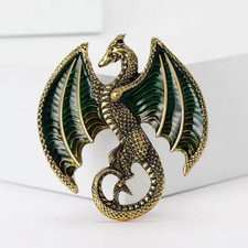 Halloween Spooky Dragon Brooch Pin Retro Green Gold Enamel Costume Jewelry Gift