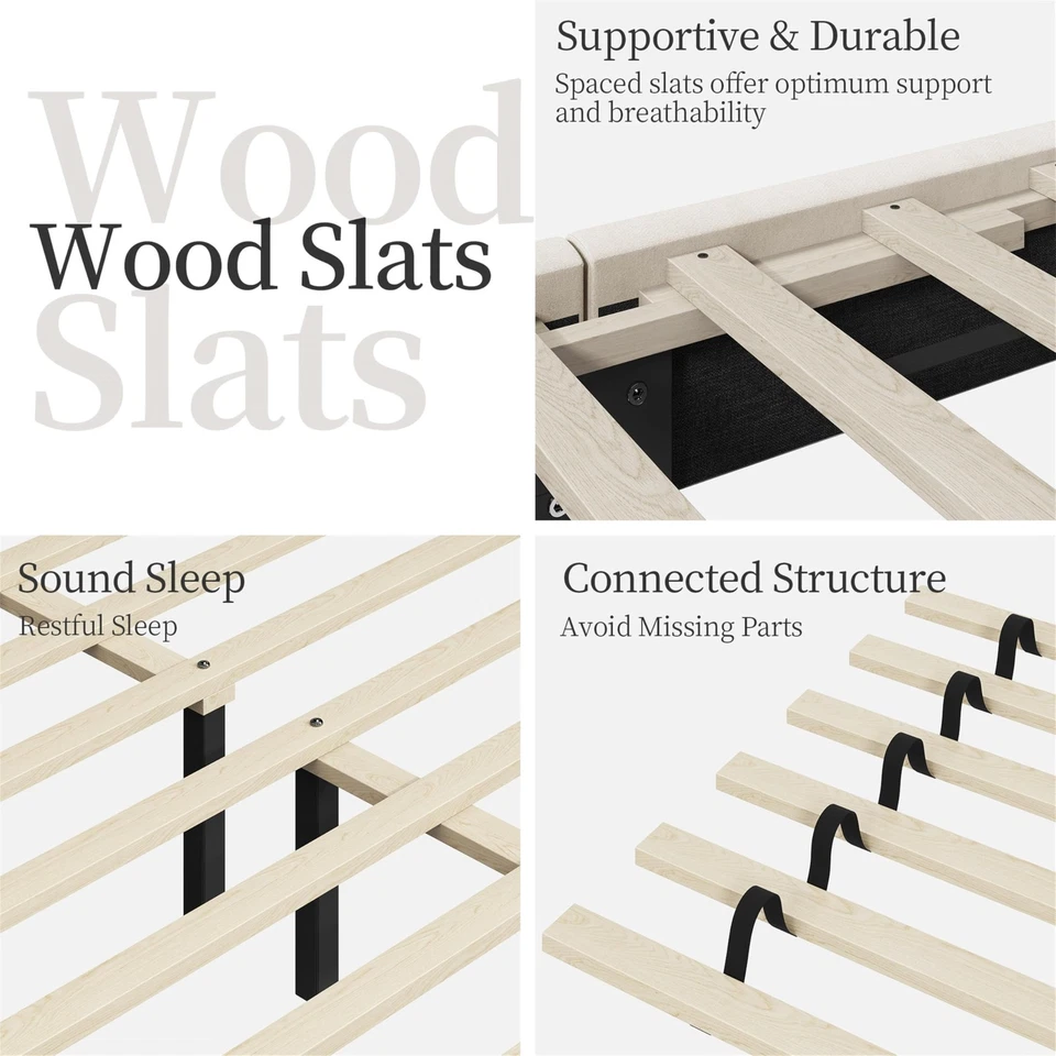 Base De Cama Queen Beige Con Cabecera De Madera Moderna Plataforma En Oferta New - Image 4 of 4