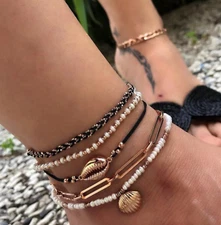Docona Boho Gold Shell Cowrie Pearl Bead 5 Piece Anklet Set Ankle Jewelry