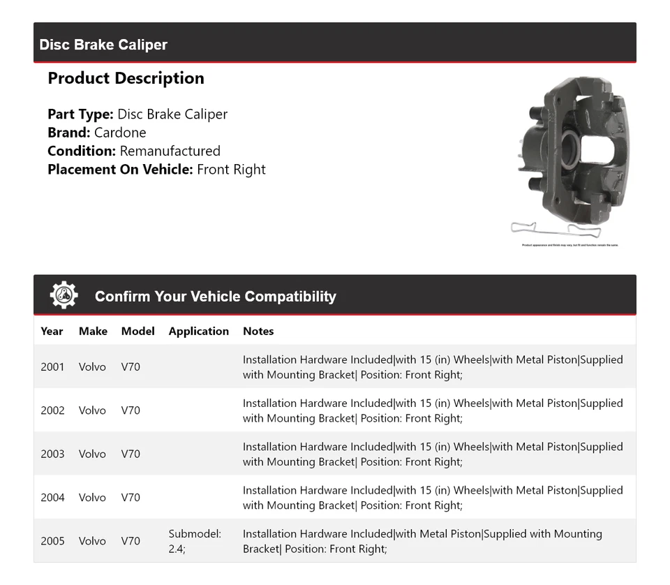 Pinza de freno de disco delantera derecha Cardone 2002 2003 2004 para Volvo V70 2001-2005 Foto 2 de 4