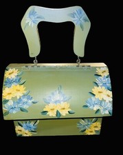 Vintage Wooden Purse Handpainted Green With Daisies Artist Signed BOHO