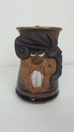 Vintage Handmade Ugly Face Stoneware Pottery Mug signed Coffee Cup Big Teeth 
