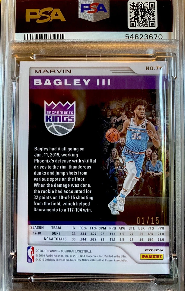 2018-19 Panini Obsidian Marvin Bagley III Green Prizm RC # 01/15 PSA 10 WIZARDS - Image 2 of 2