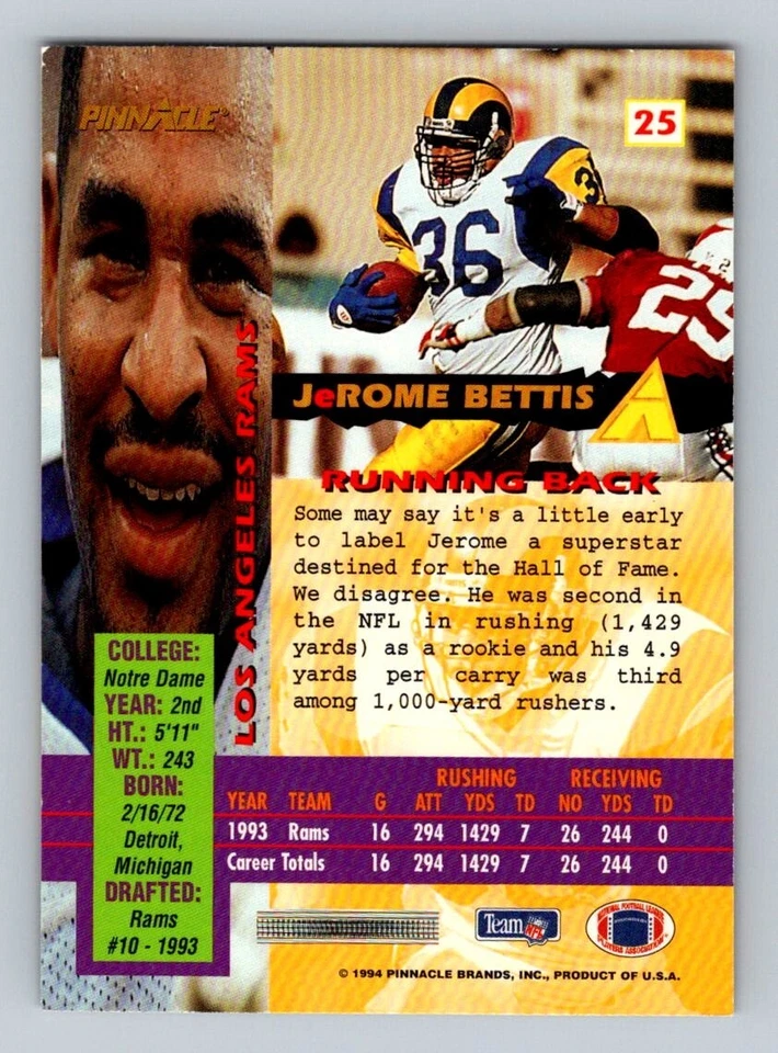 JEROME BETTIS CANTON BOUND 1994 PINNACLE RAMS - Image 2 of 2