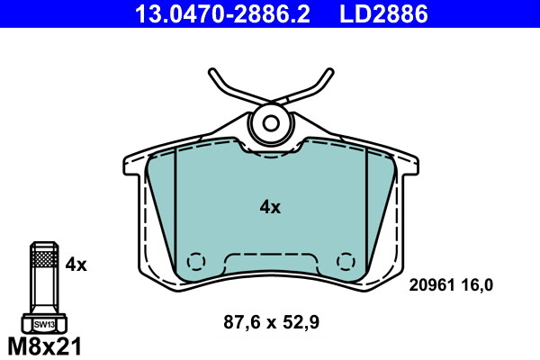 ATE 13.0470-2886.2 Bremsbelagsatz, Scheibenbremse Hinterachse FÜR Audi Seat Skod-image