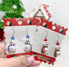 Christmas Earrings for Woman Teen Glass Bead Dangle Snowman Tree Multi 4 pairs