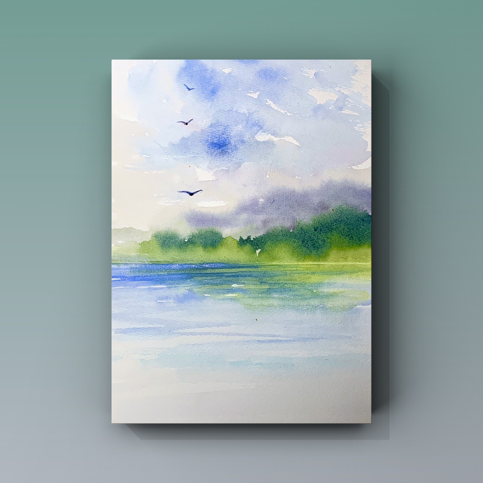 Original Aquarellbild, See Landschaft mit Bergen, Wandbild Geschenk Idee