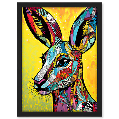 Kängurukopf traditionelles Volksmuster Portrait Pop Art gerahmter Wandbilddruck A3